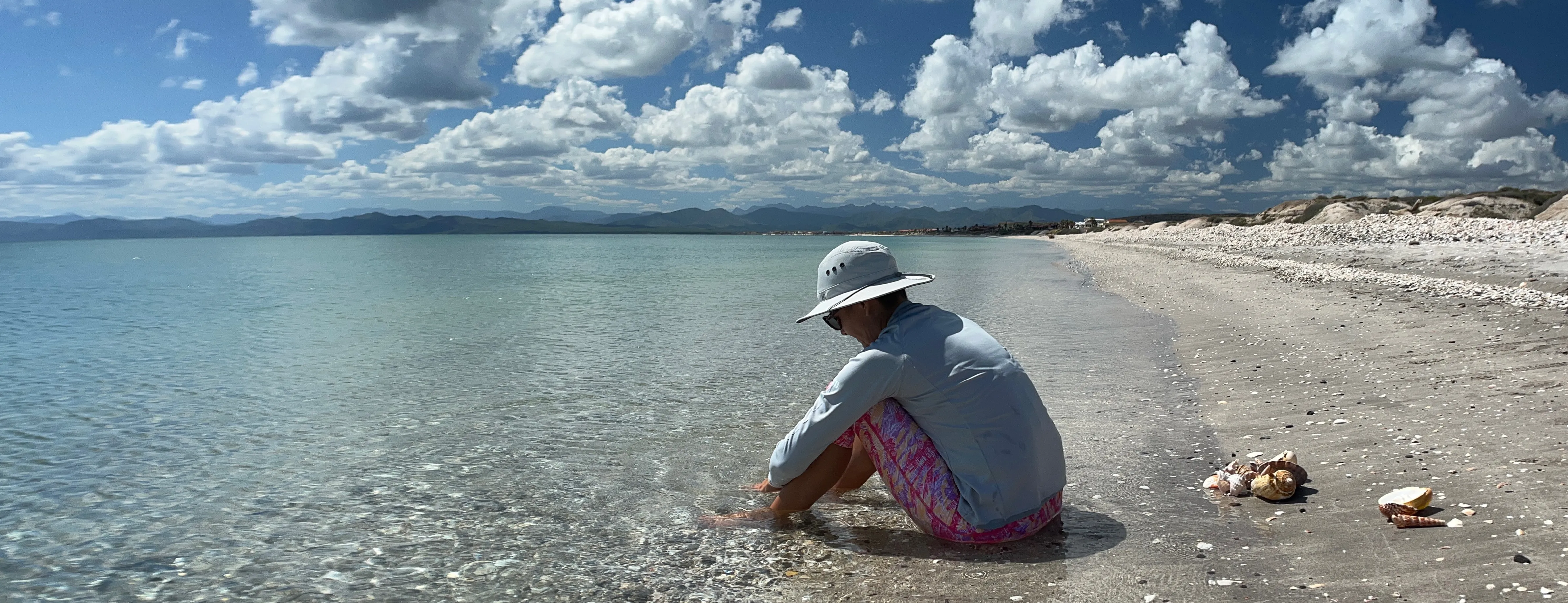 Person sitting on the beach with a lot of sea shells